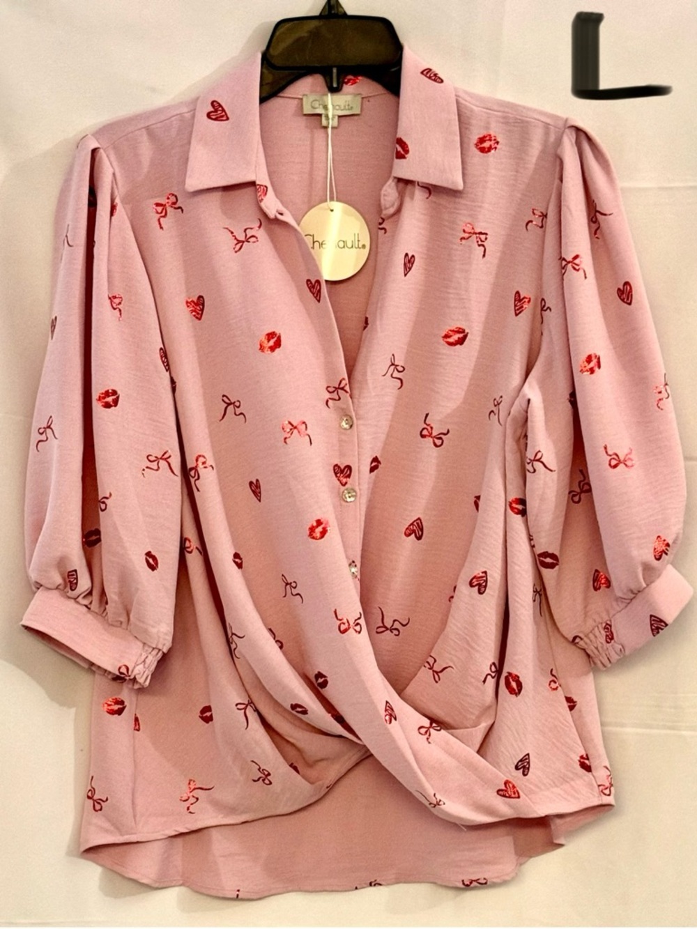Chenault Pink Surplice Blouse with Red Motif